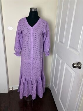 Vintage Lavender Eyelet Maxi Dress with Button Front